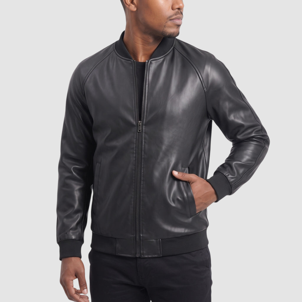 Men’s Faux Leather Bomber Jacket – Classic Lightweight Zip-Up Jacket