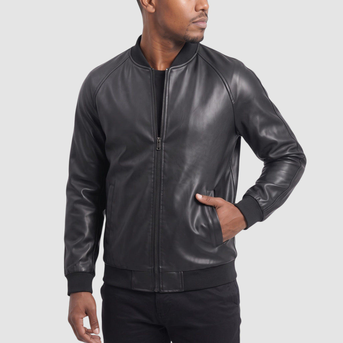 Men’s Faux Leather Bomber Jacket – Classic Lightweight Zip-Up Jacket