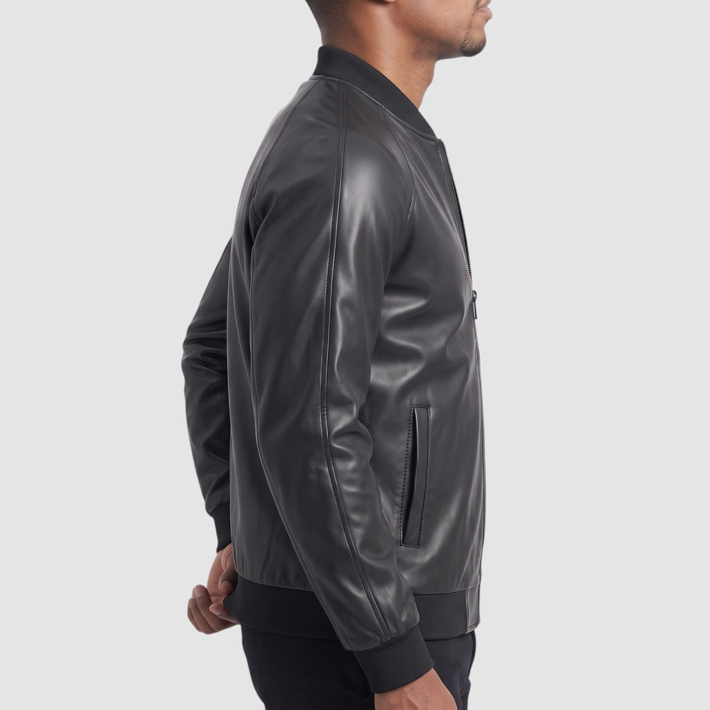 Men’s Faux Leather Bomber Jacket – Classic Lightweight Zip-Up Jacket