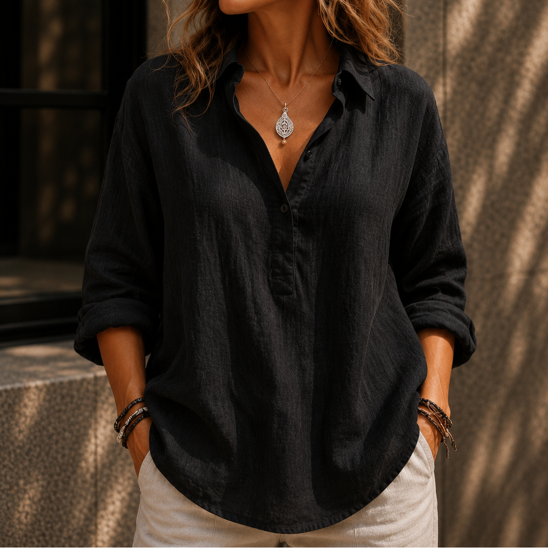 Women’s Oversized Linen Look Button Up Blouse