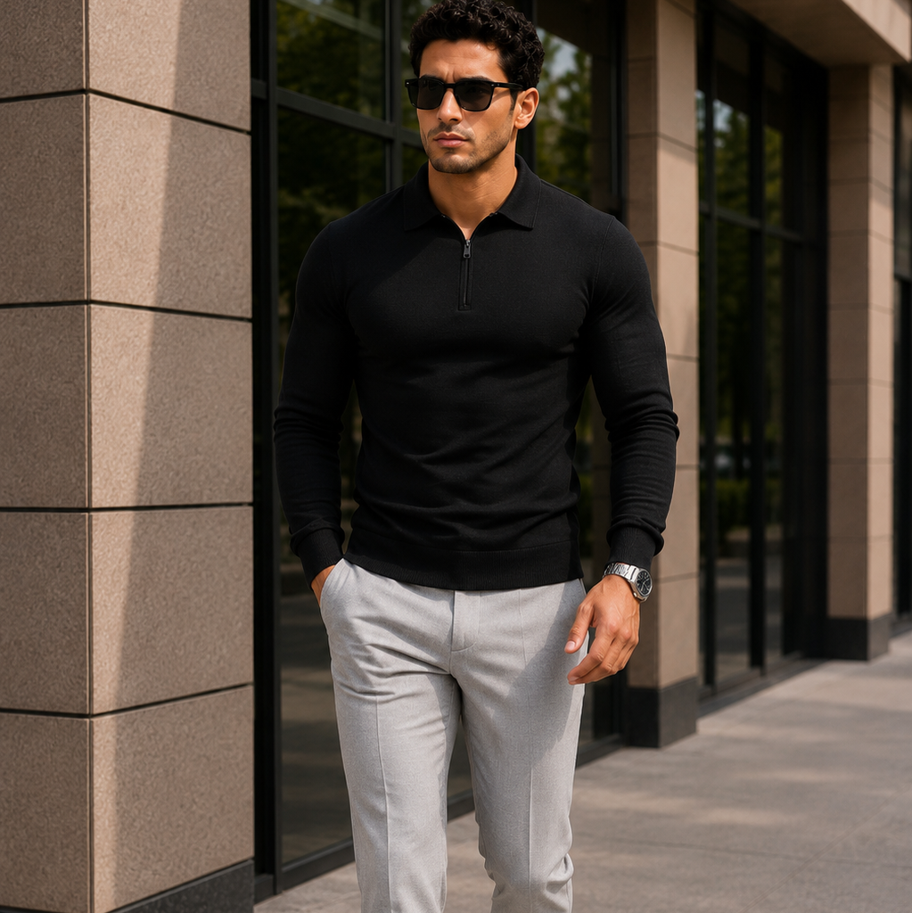 Men's Slim Fit Quarter Zip Long Sleeve Polo Shirt