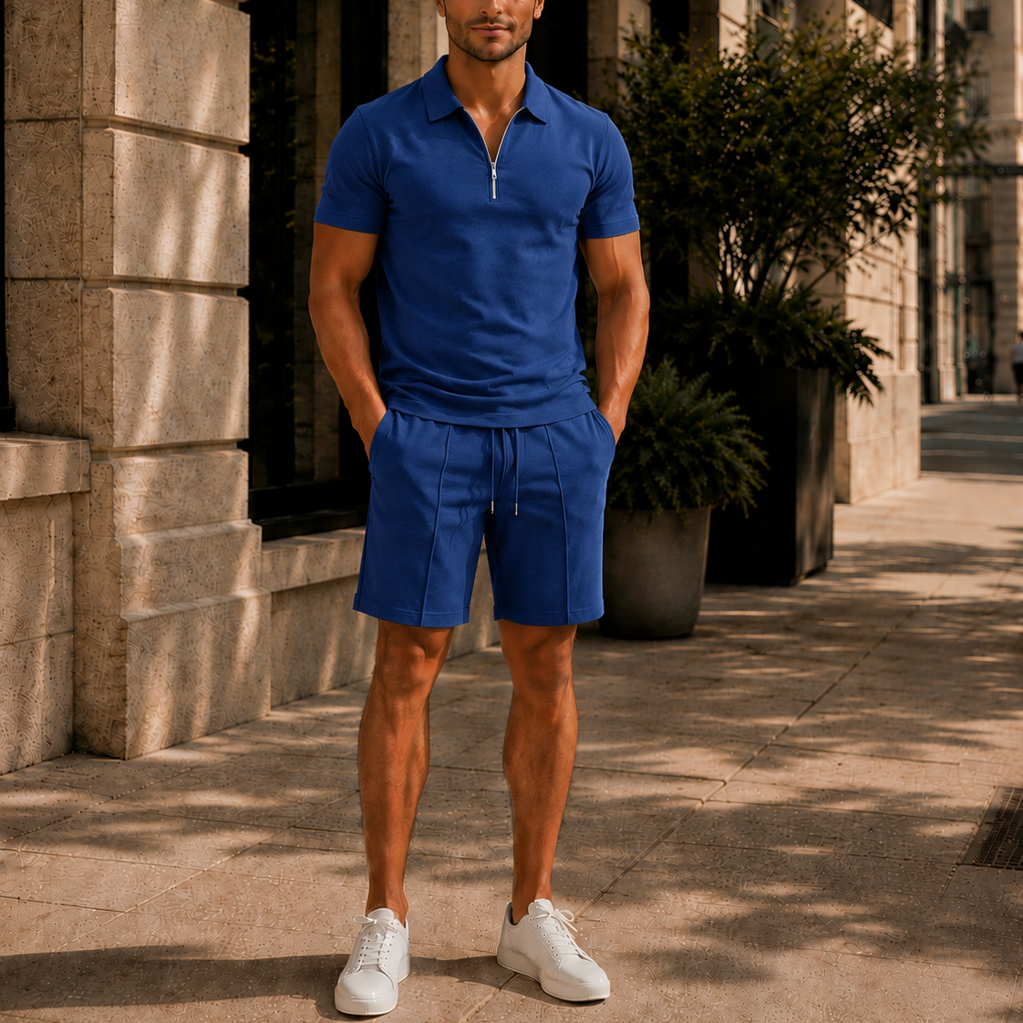 Men's Zip Polo & Drawstring Shorts Set