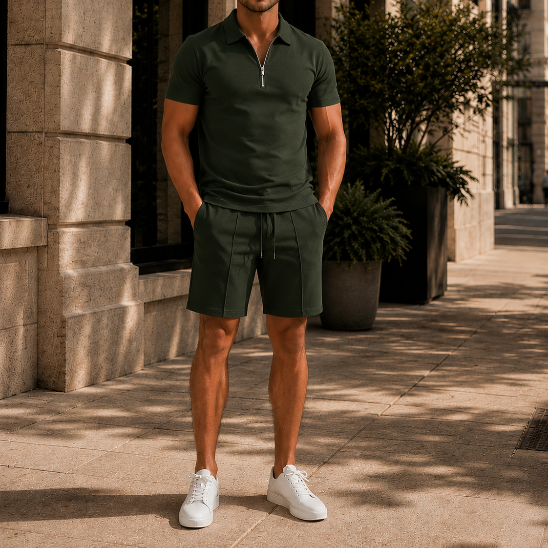 Men's Zip Polo & Drawstring Shorts Set