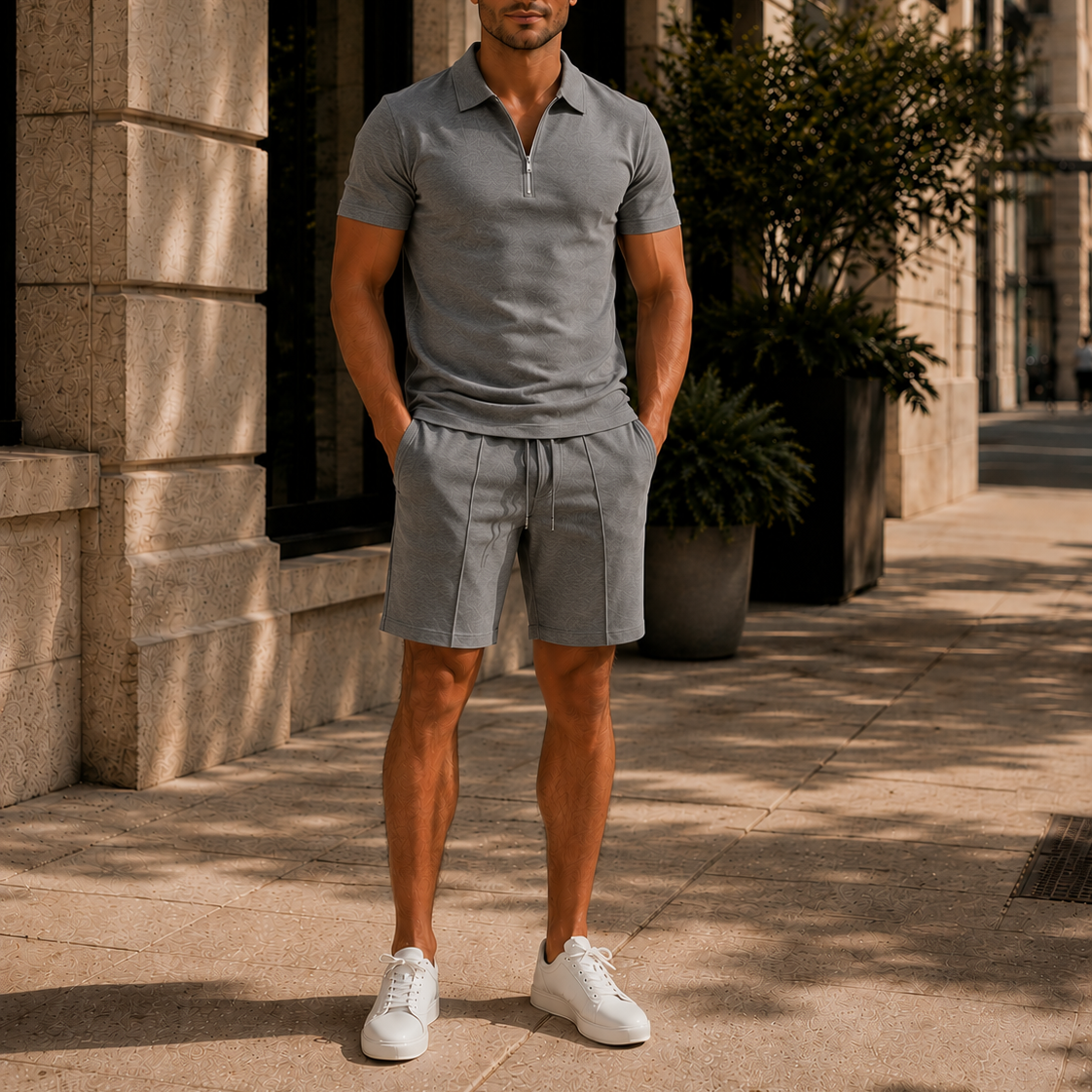 Men's Zip Polo & Drawstring Shorts Set
