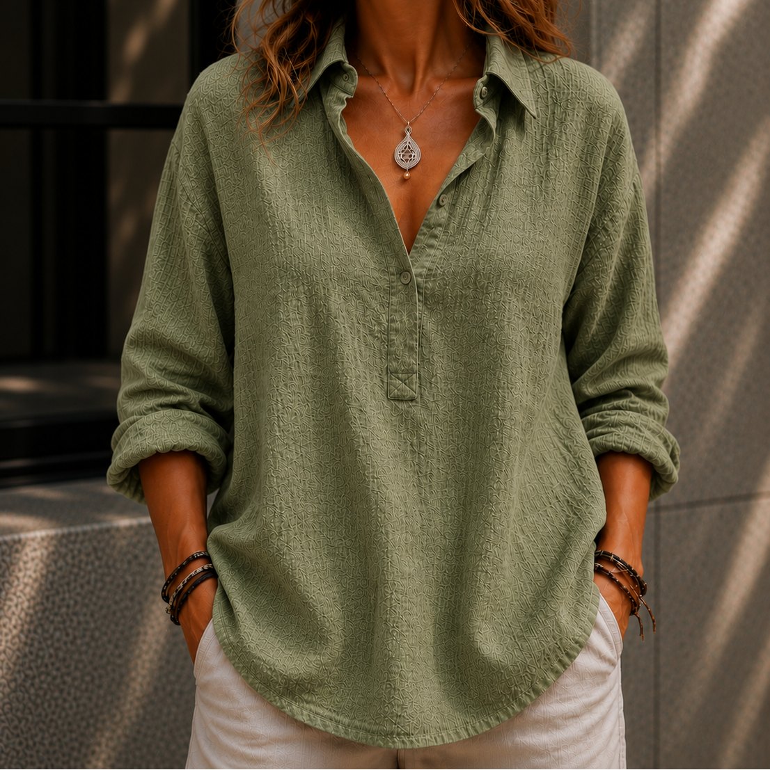 Women’s Oversized Linen Look Button Up Blouse