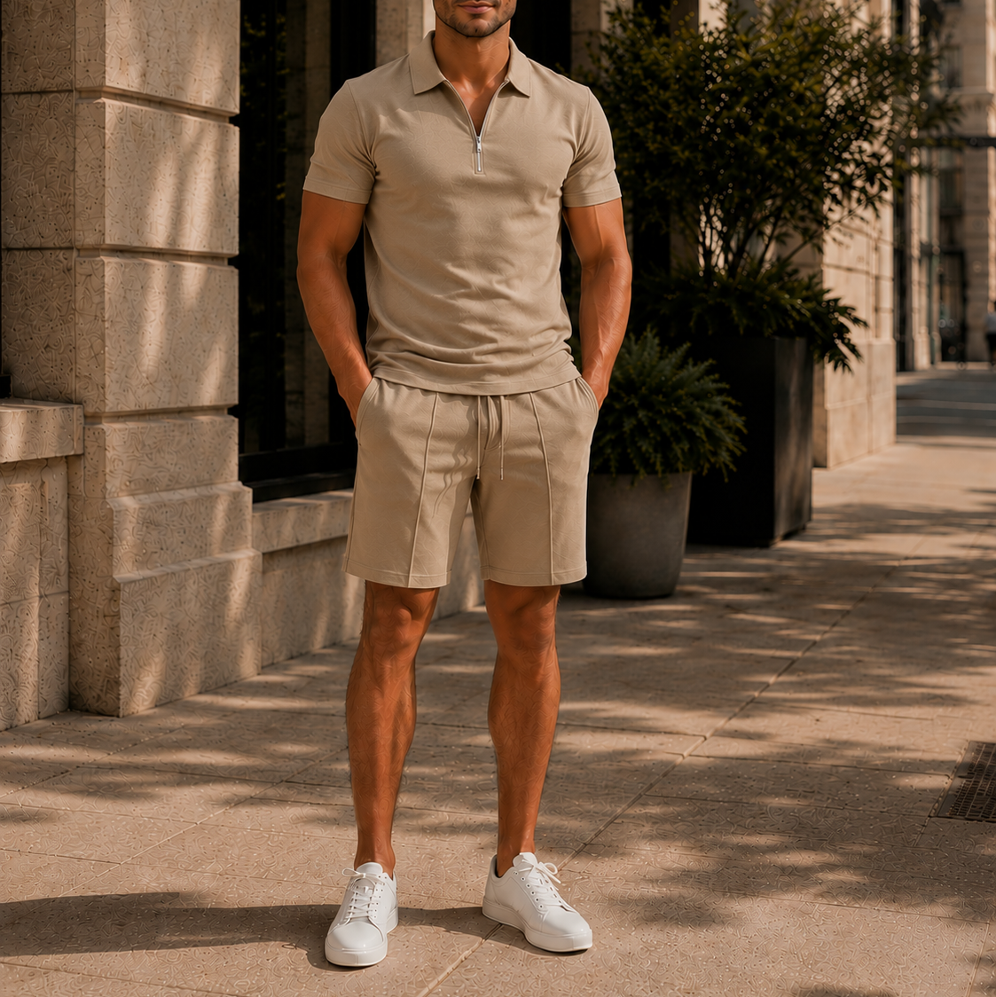 Men's Zip Polo & Drawstring Shorts Set