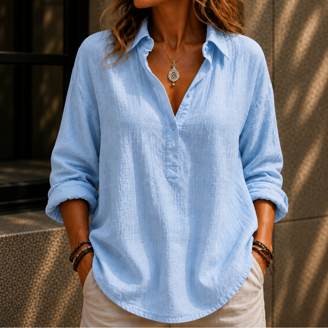 Women’s Oversized Linen Look Button Up Blouse
