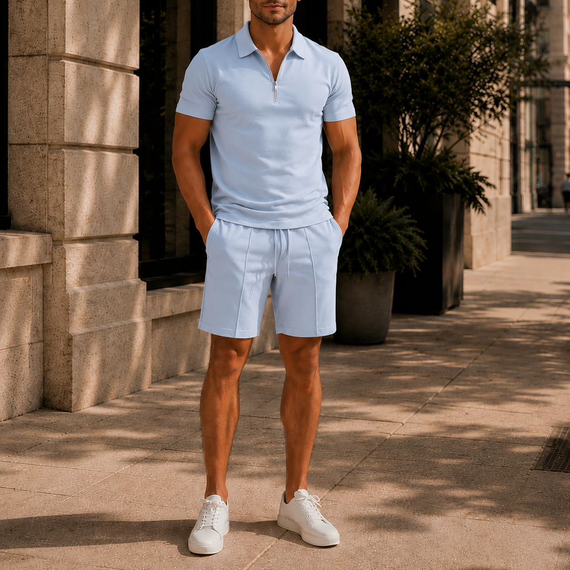 Men's Zip Polo & Drawstring Shorts Set