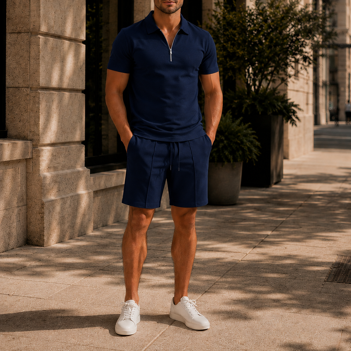 Men's Zip Polo & Drawstring Shorts Set