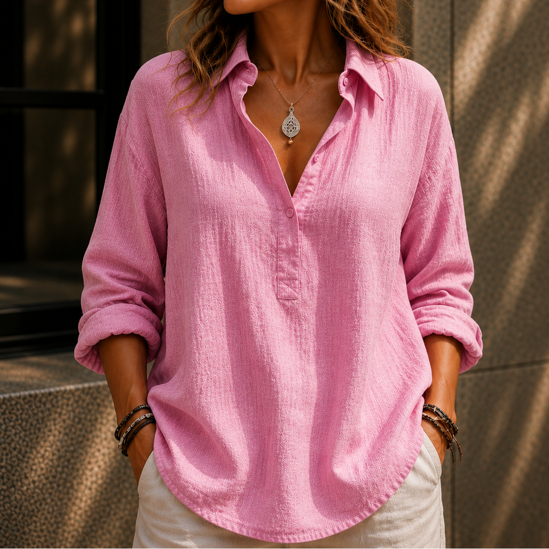 Women’s Oversized Linen Look Button Up Blouse