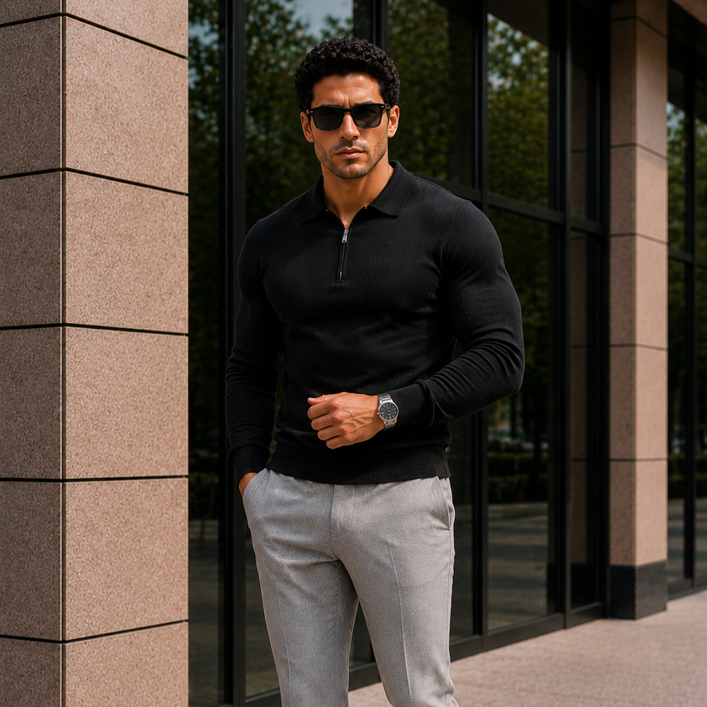 Men's Slim Fit Quarter Zip Long Sleeve Polo Shirt