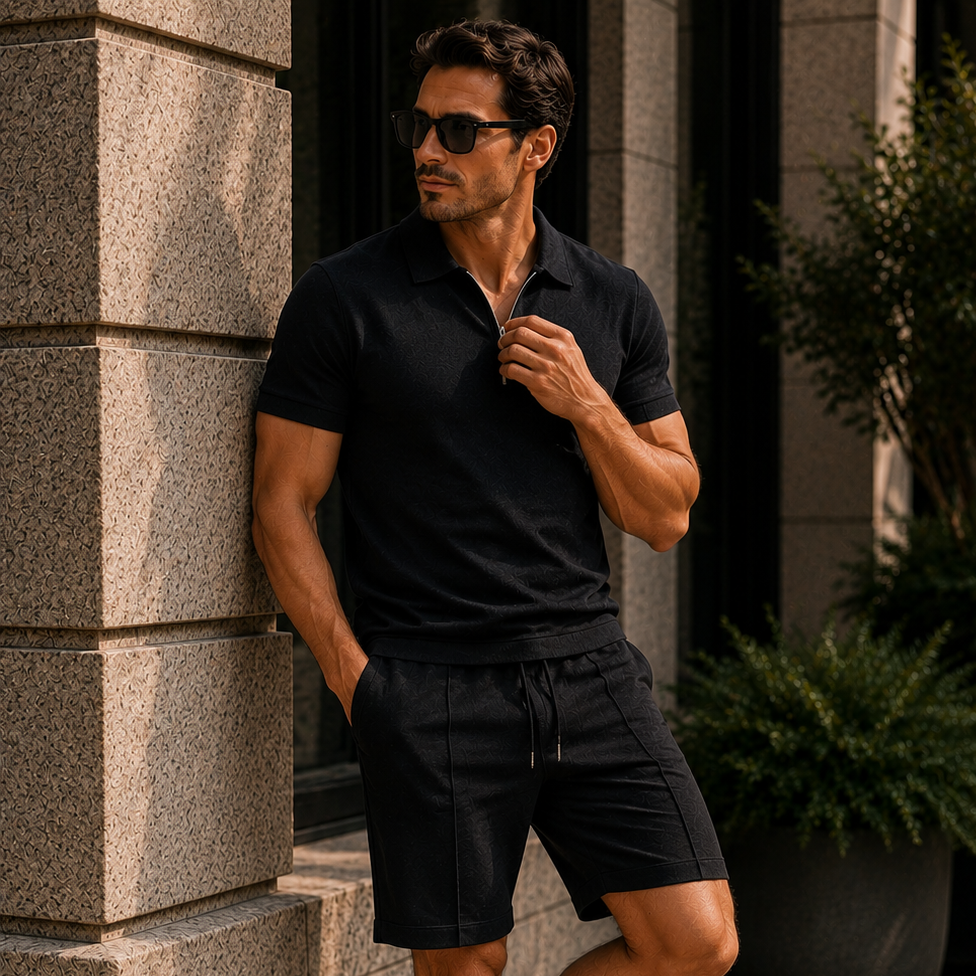 Men's Zip Polo & Drawstring Shorts Set