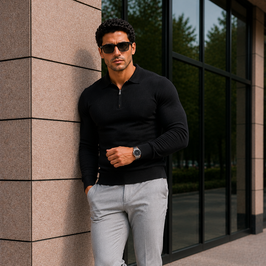 Men's Slim Fit Quarter Zip Long Sleeve Polo Shirt
