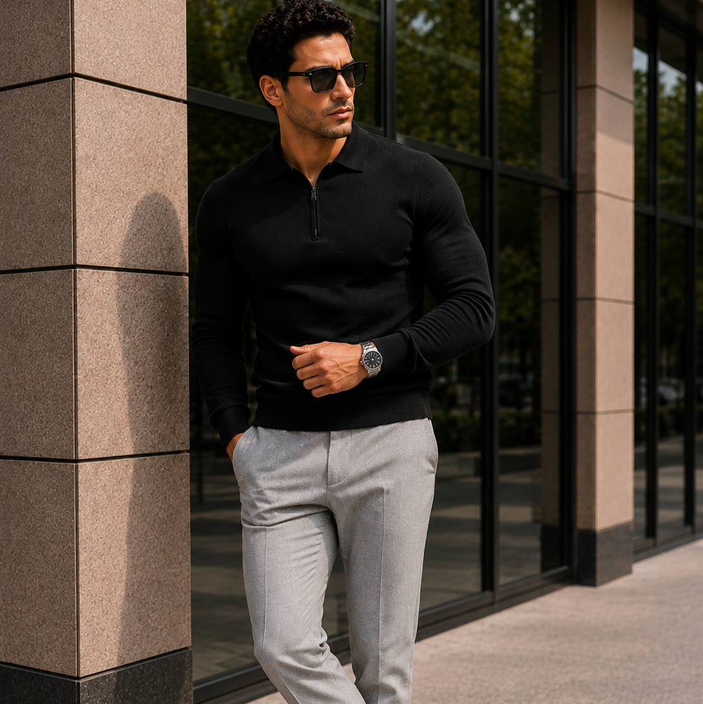 Men's Slim Fit Quarter Zip Long Sleeve Polo Shirt