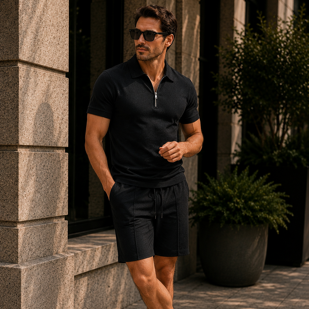 Men's Zip Polo & Drawstring Shorts Set