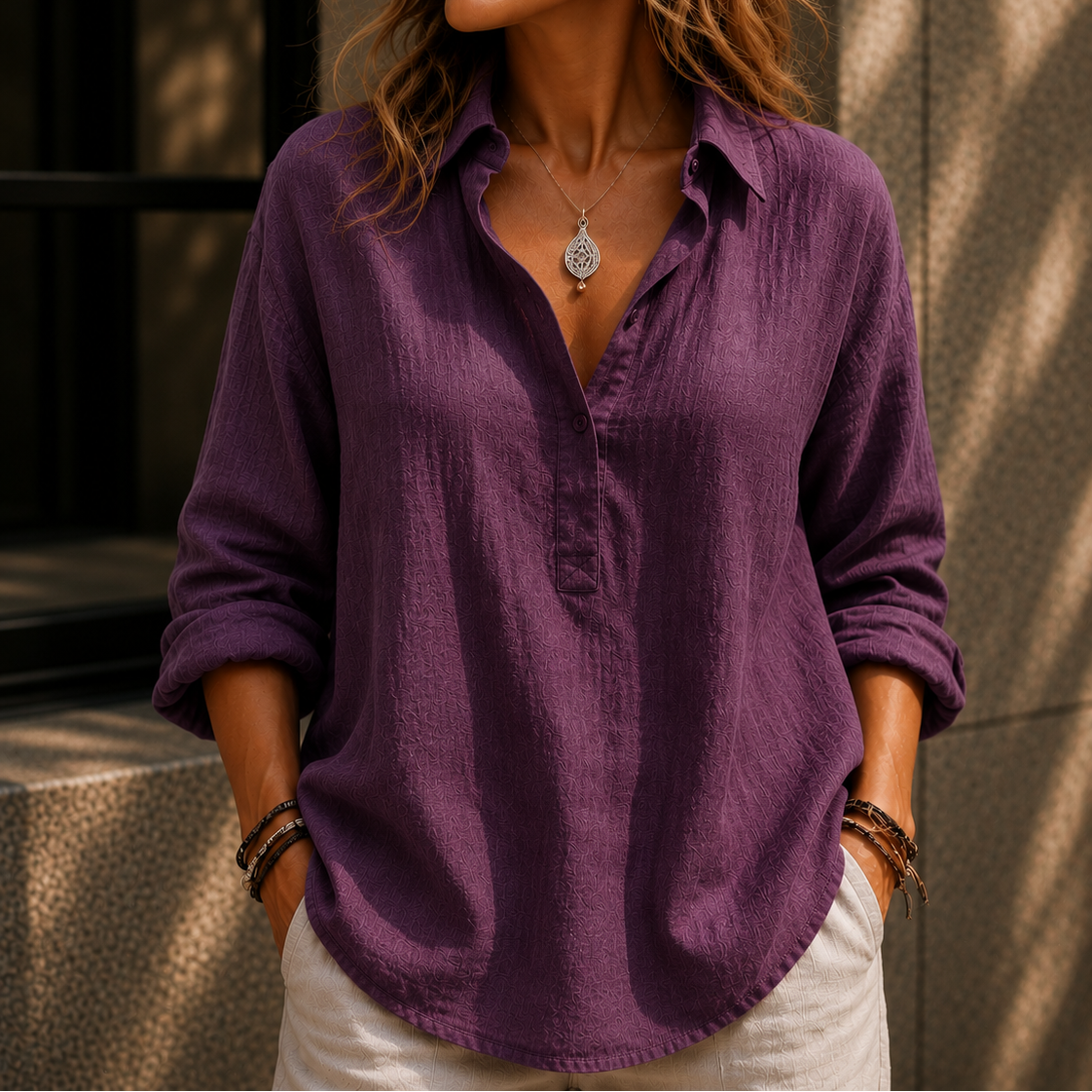 Women’s Oversized Linen Look Button Up Blouse