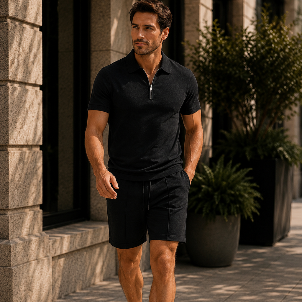 Men's Zip Polo & Drawstring Shorts Set