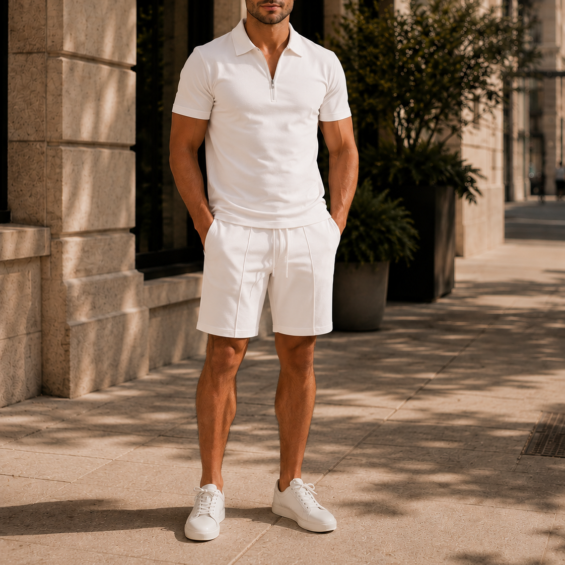 Men's Zip Polo & Drawstring Shorts Set