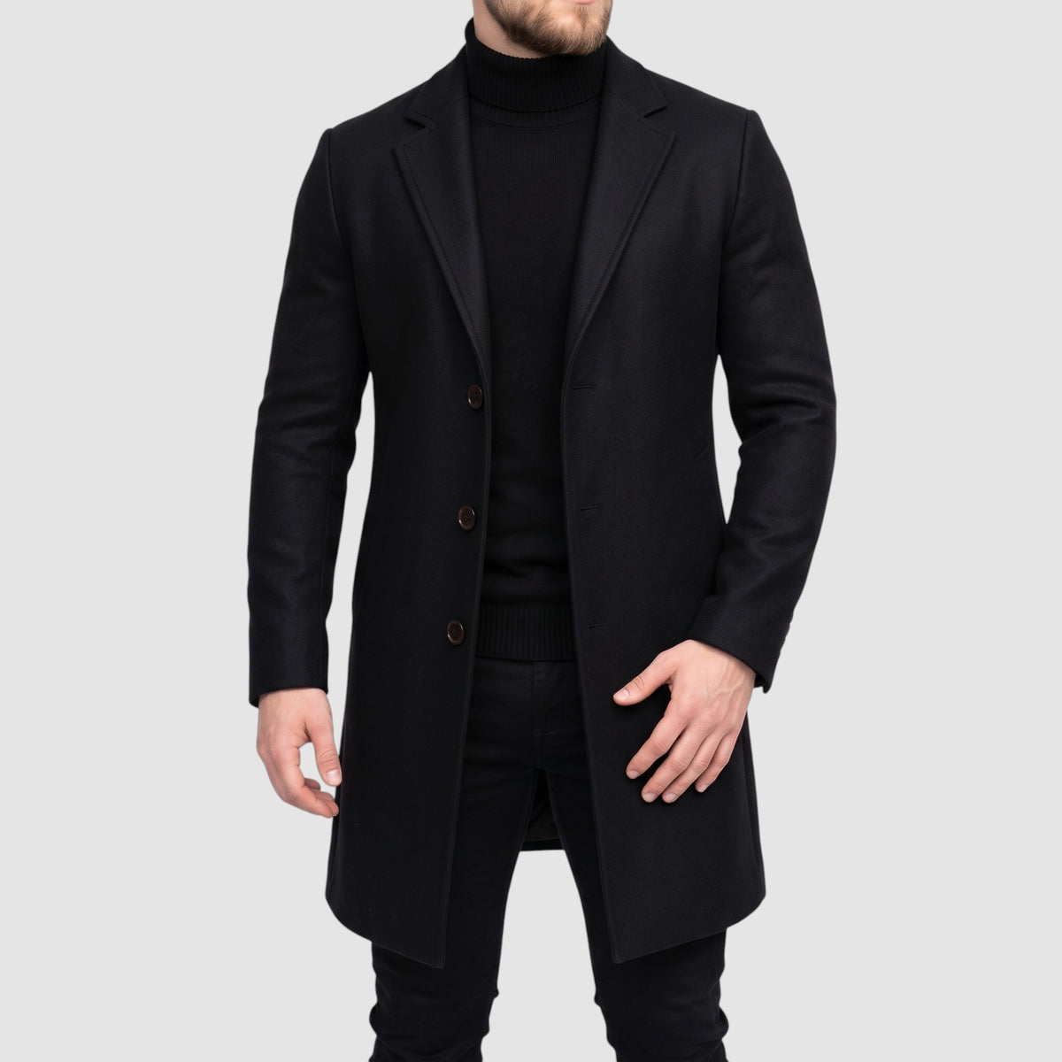 Men’s Wool Blend Overcoat – Long Single-Breasted Coat