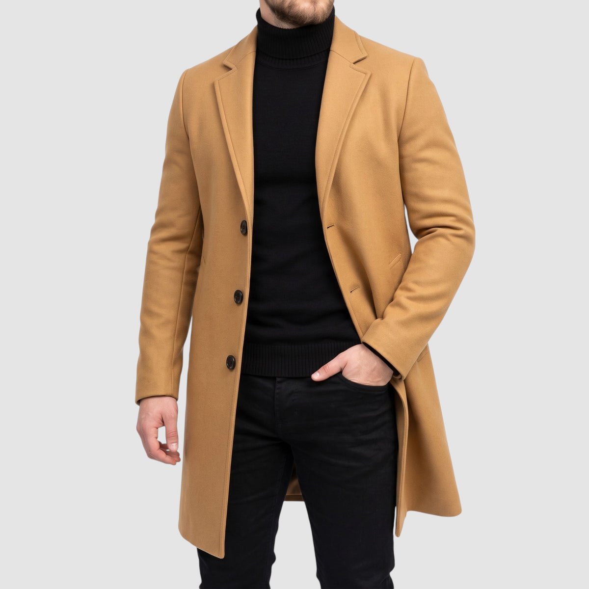 Men’s Wool Blend Overcoat – Long Single-Breasted Coat