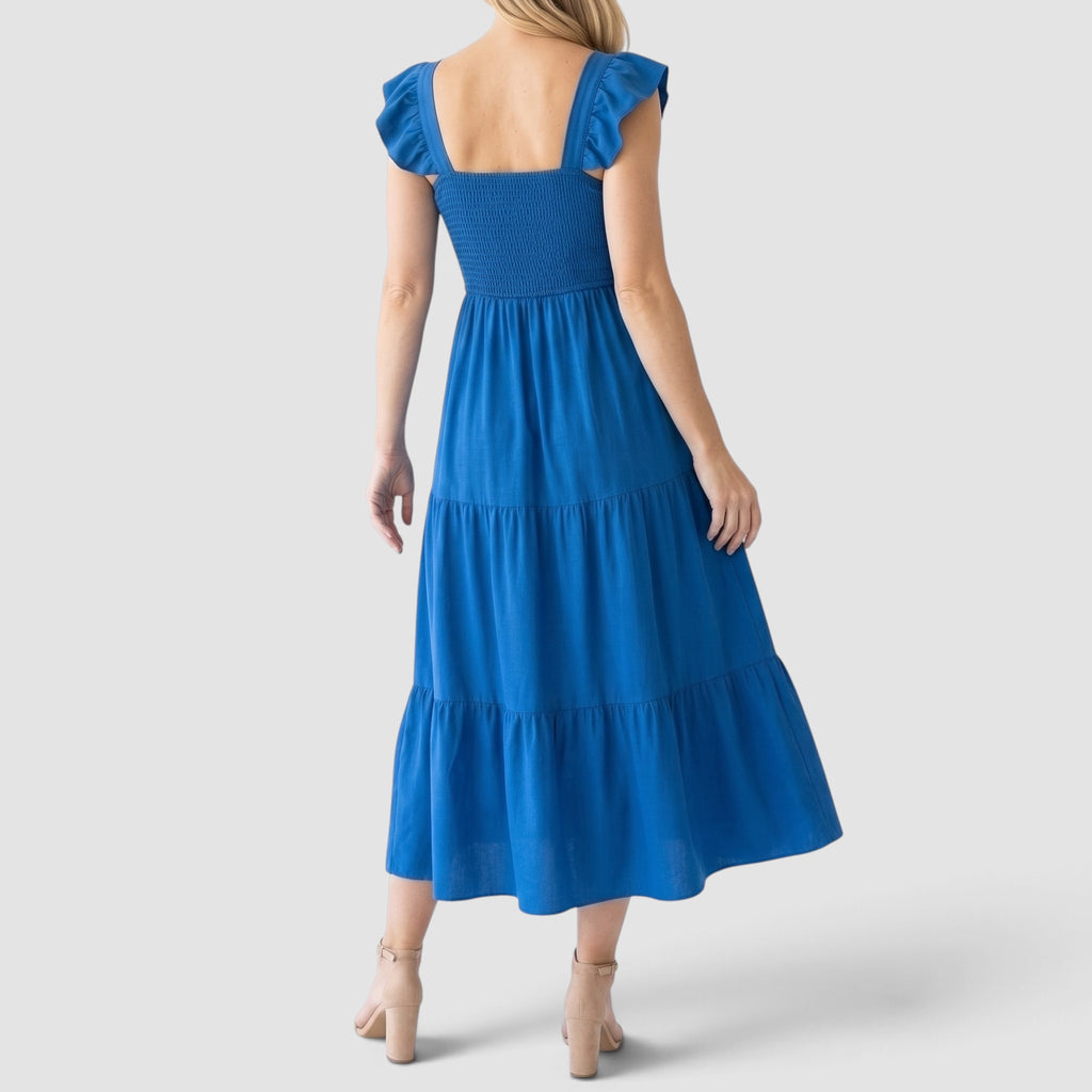 Women’s Smocked Maxi Dress – Tiered Skirt with Ruffle Sleeves