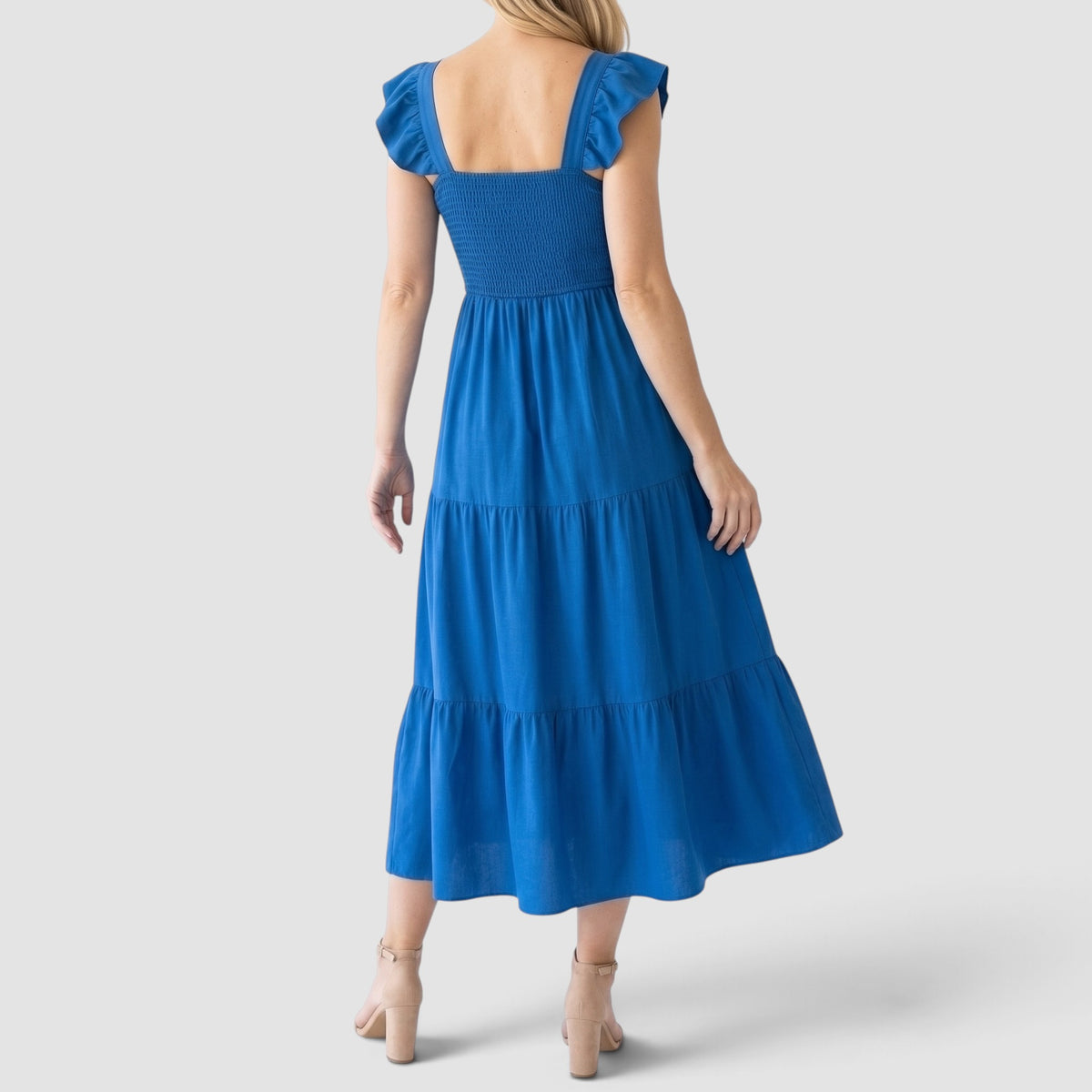 Women’s Smocked Maxi Dress – Tiered Skirt with Ruffle Sleeves