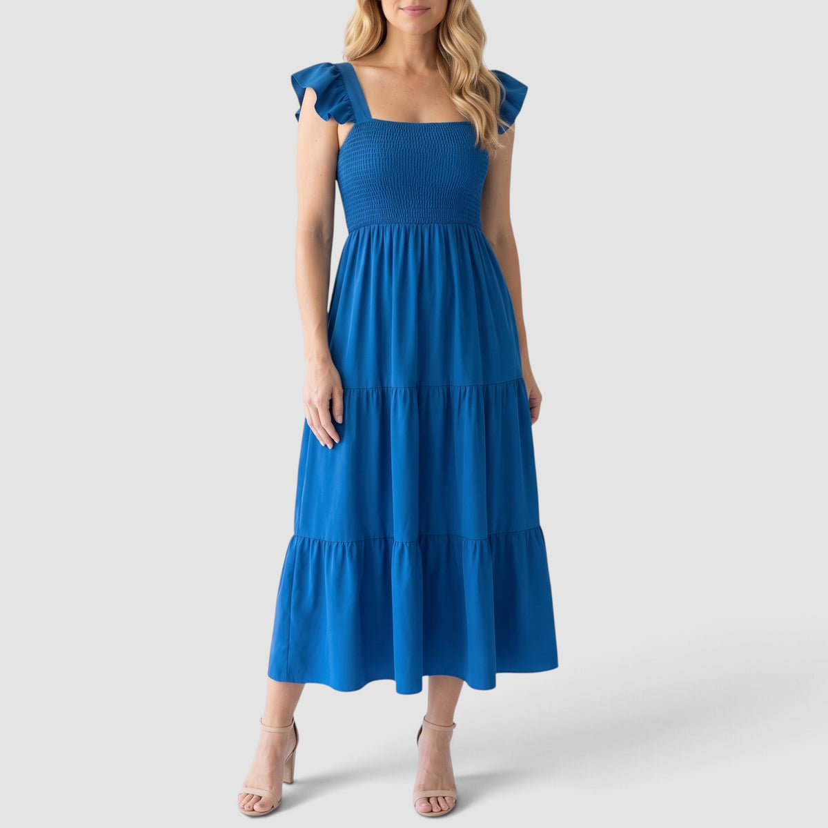 Women’s Smocked Maxi Dress – Tiered Skirt with Ruffle Sleeves