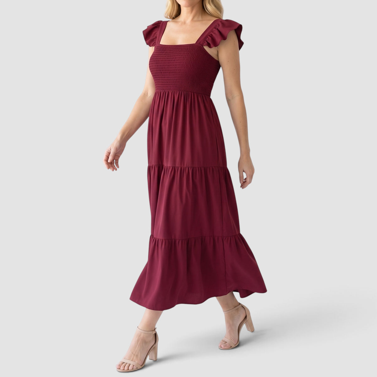Women’s Smocked Maxi Dress – Tiered Skirt with Ruffle Sleeves