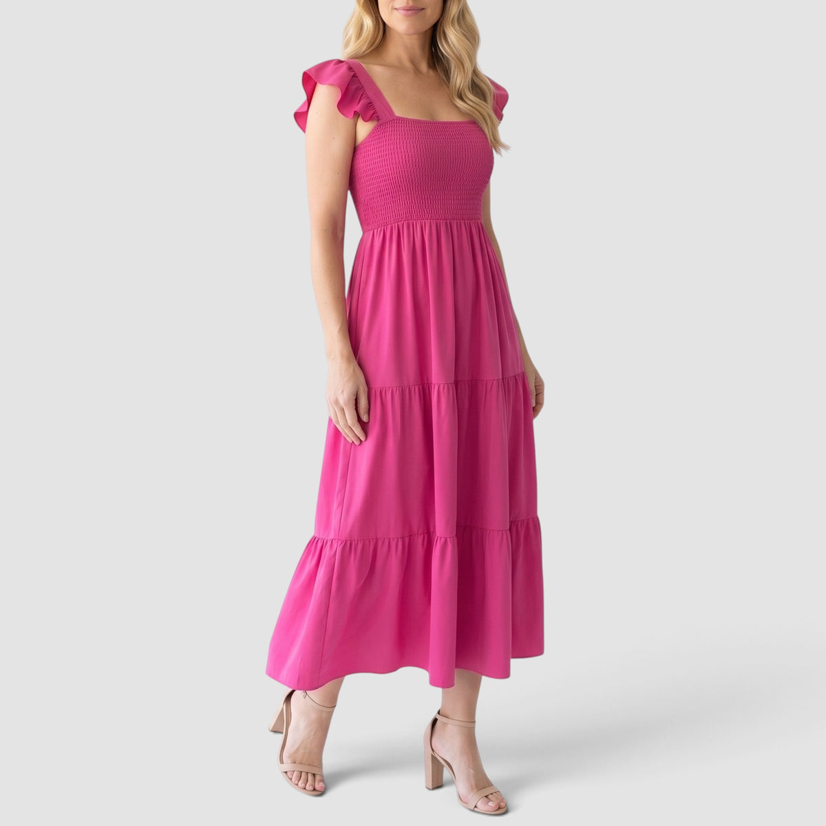 Women’s Smocked Maxi Dress – Tiered Skirt with Ruffle Sleeves