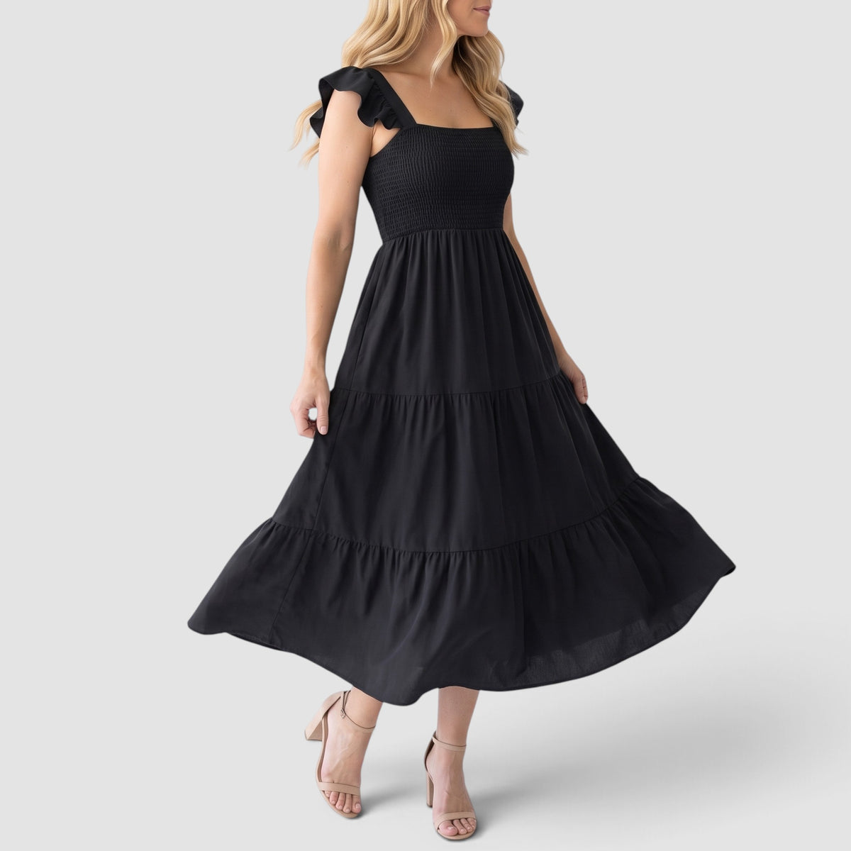 Women’s Smocked Maxi Dress – Tiered Skirt with Ruffle Sleeves