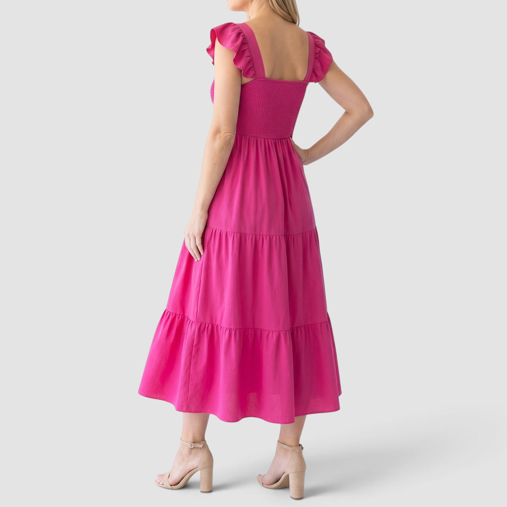 Women’s Smocked Maxi Dress – Tiered Skirt with Ruffle Sleeves
