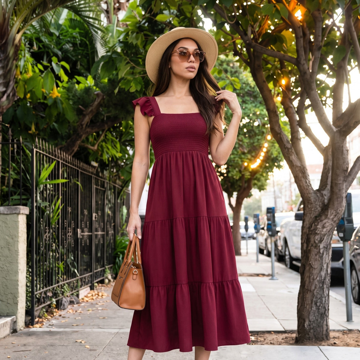 Women’s Smocked Maxi Dress – Tiered Skirt with Ruffle Sleeves