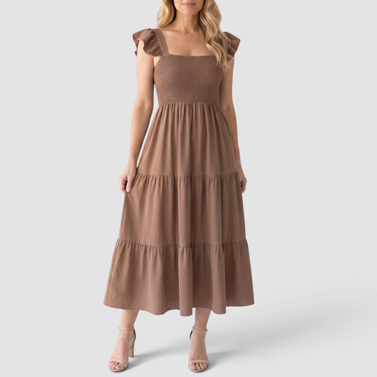 Women’s Smocked Maxi Dress – Tiered Skirt with Ruffle Sleeves
