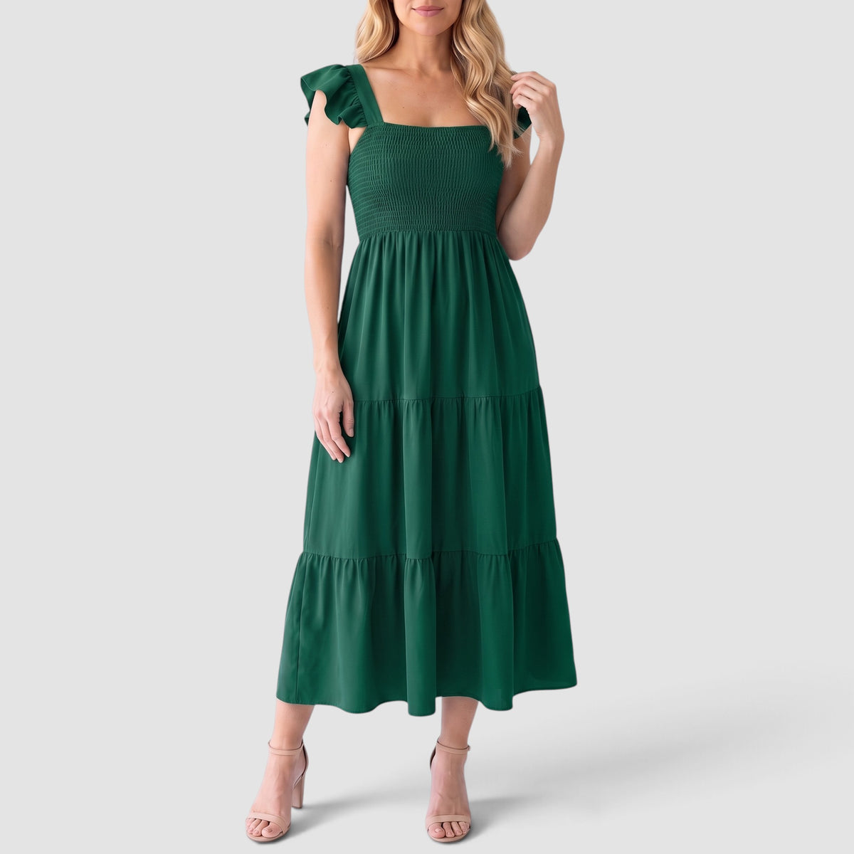 Women’s Smocked Maxi Dress – Tiered Skirt with Ruffle Sleeves