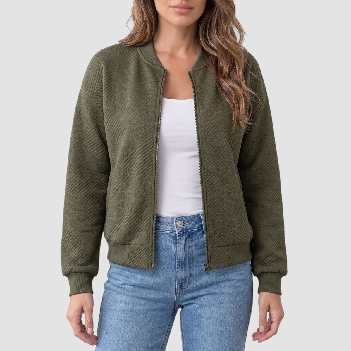 Women’s Textured Knit Bomber Jacket – Zip-Up Casual Outerwear