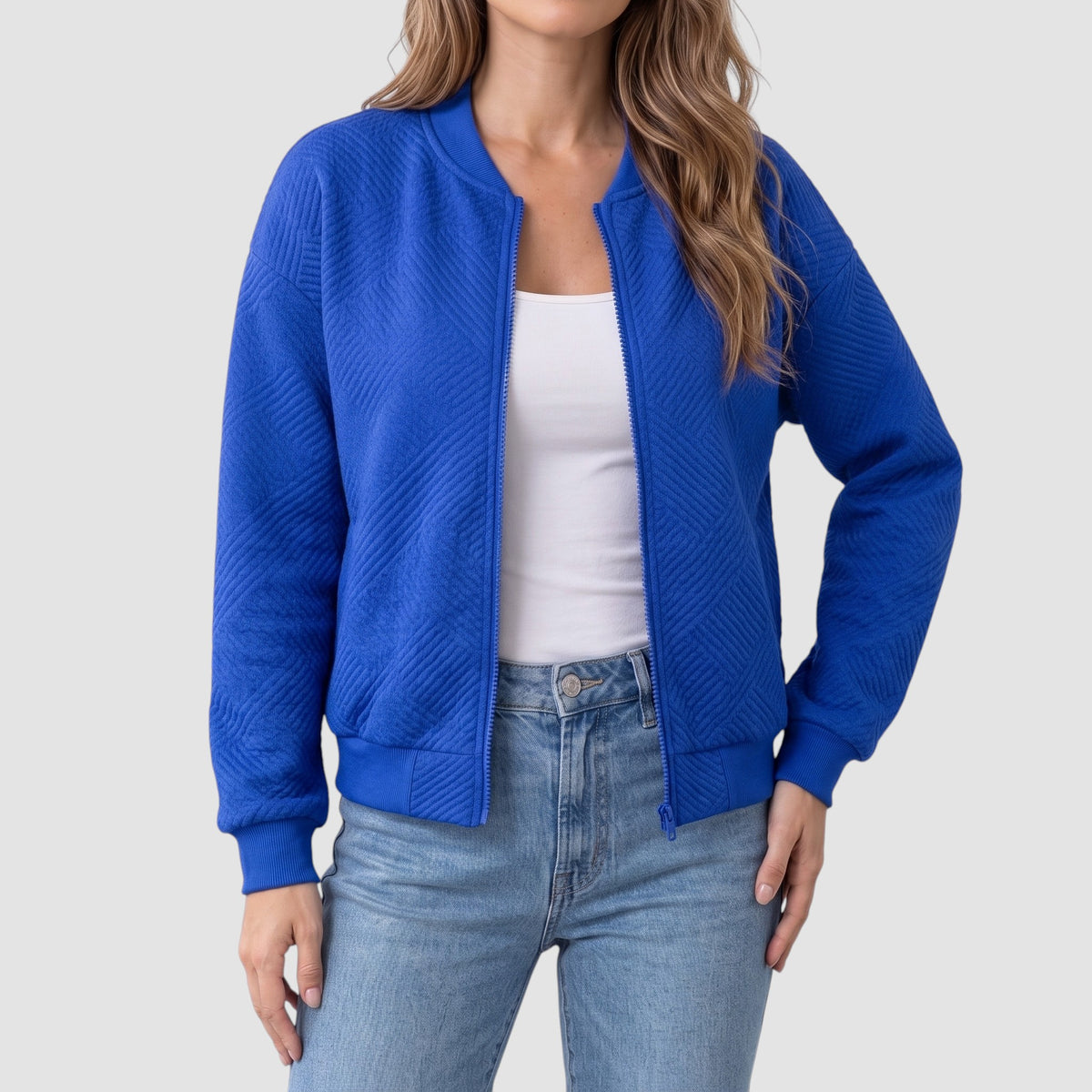 Women’s Textured Knit Bomber Jacket – Zip-Up Casual Outerwear