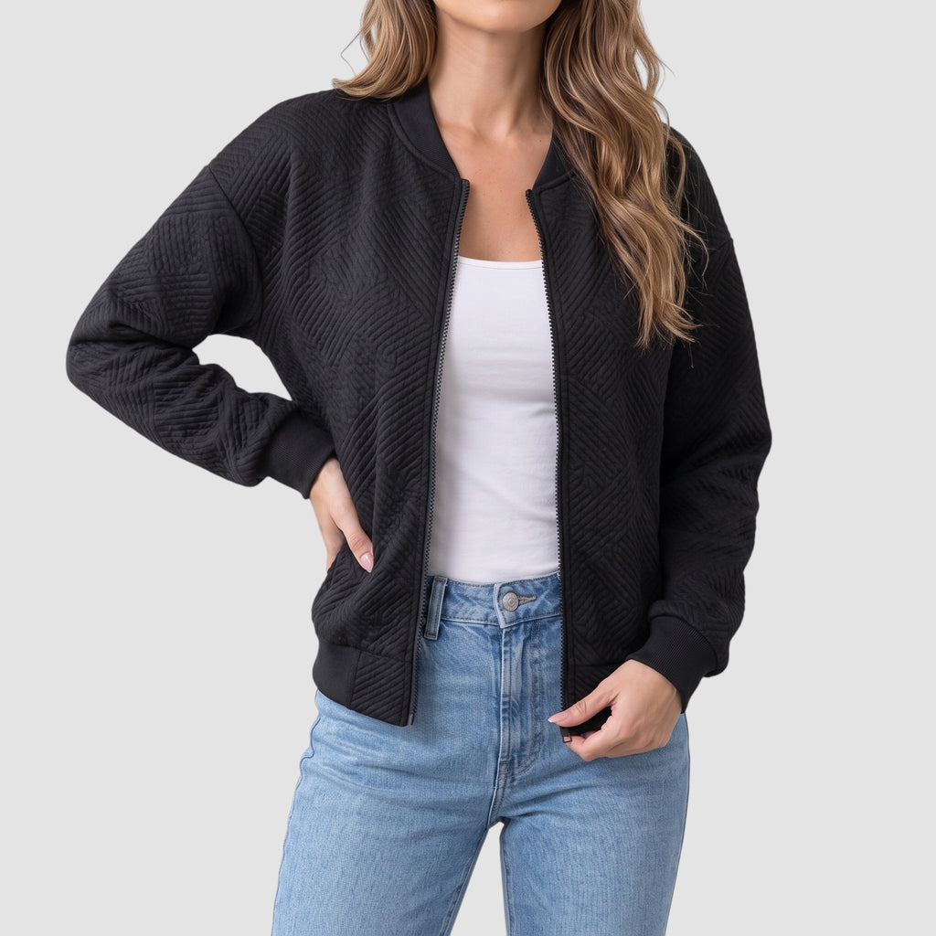 Women’s Textured Knit Bomber Jacket – Zip-Up Casual Outerwear