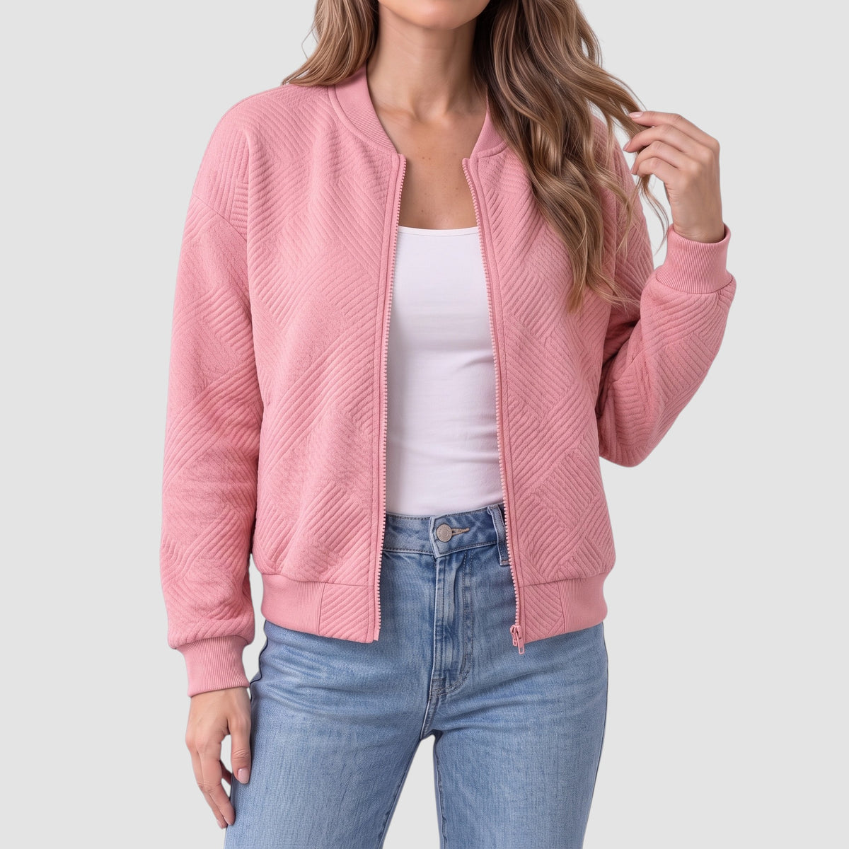 Women’s Textured Knit Bomber Jacket – Zip-Up Casual Outerwear