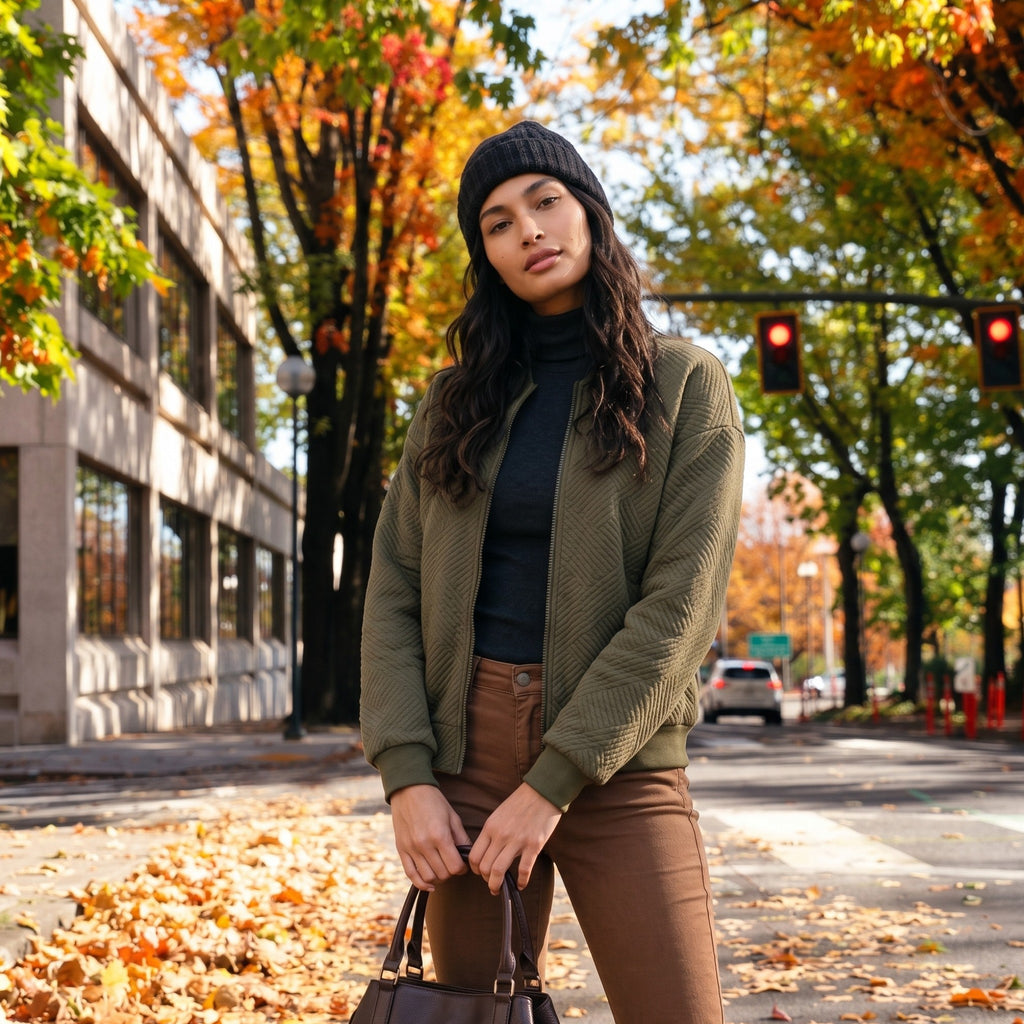Women’s Textured Knit Bomber Jacket – Zip-Up Casual Outerwear