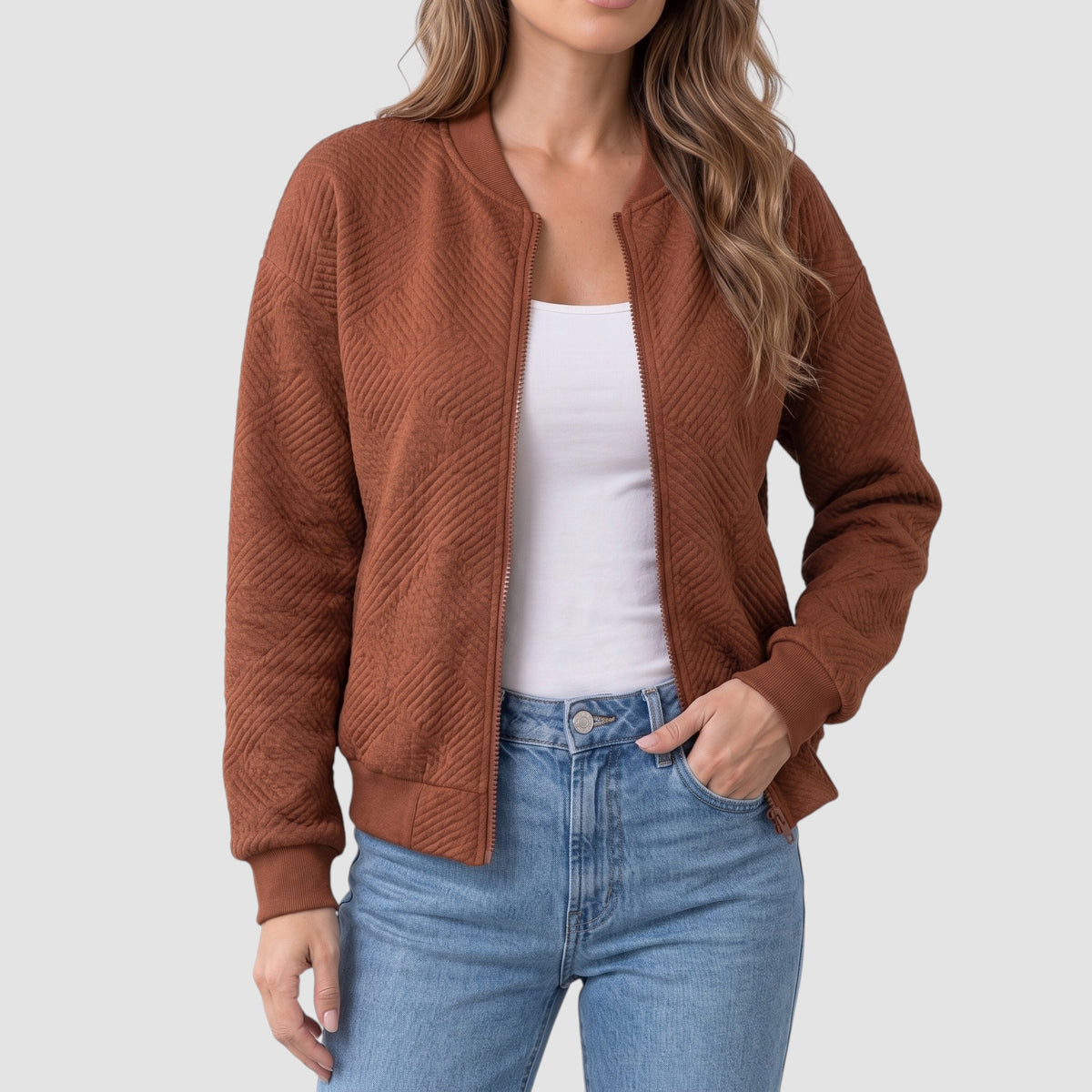 Women’s Textured Knit Bomber Jacket – Zip-Up Casual Outerwear