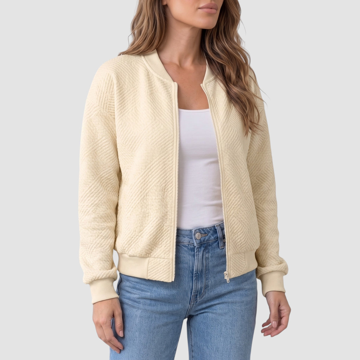Women’s Textured Knit Bomber Jacket – Zip-Up Casual Outerwear