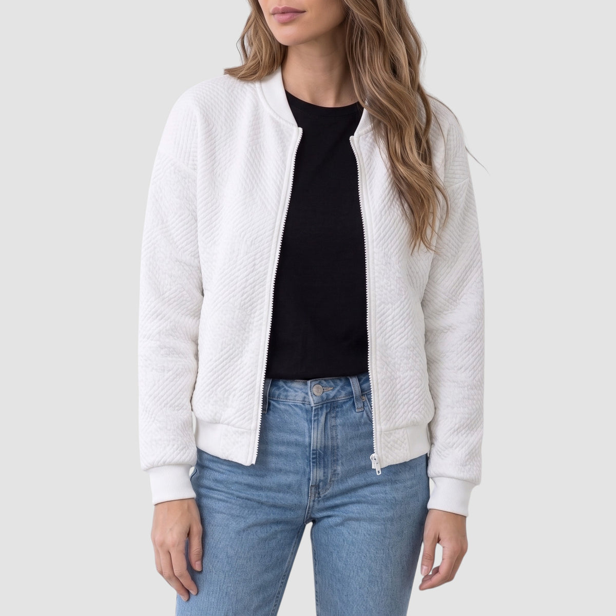 Women’s Textured Knit Bomber Jacket – Zip-Up Casual Outerwear