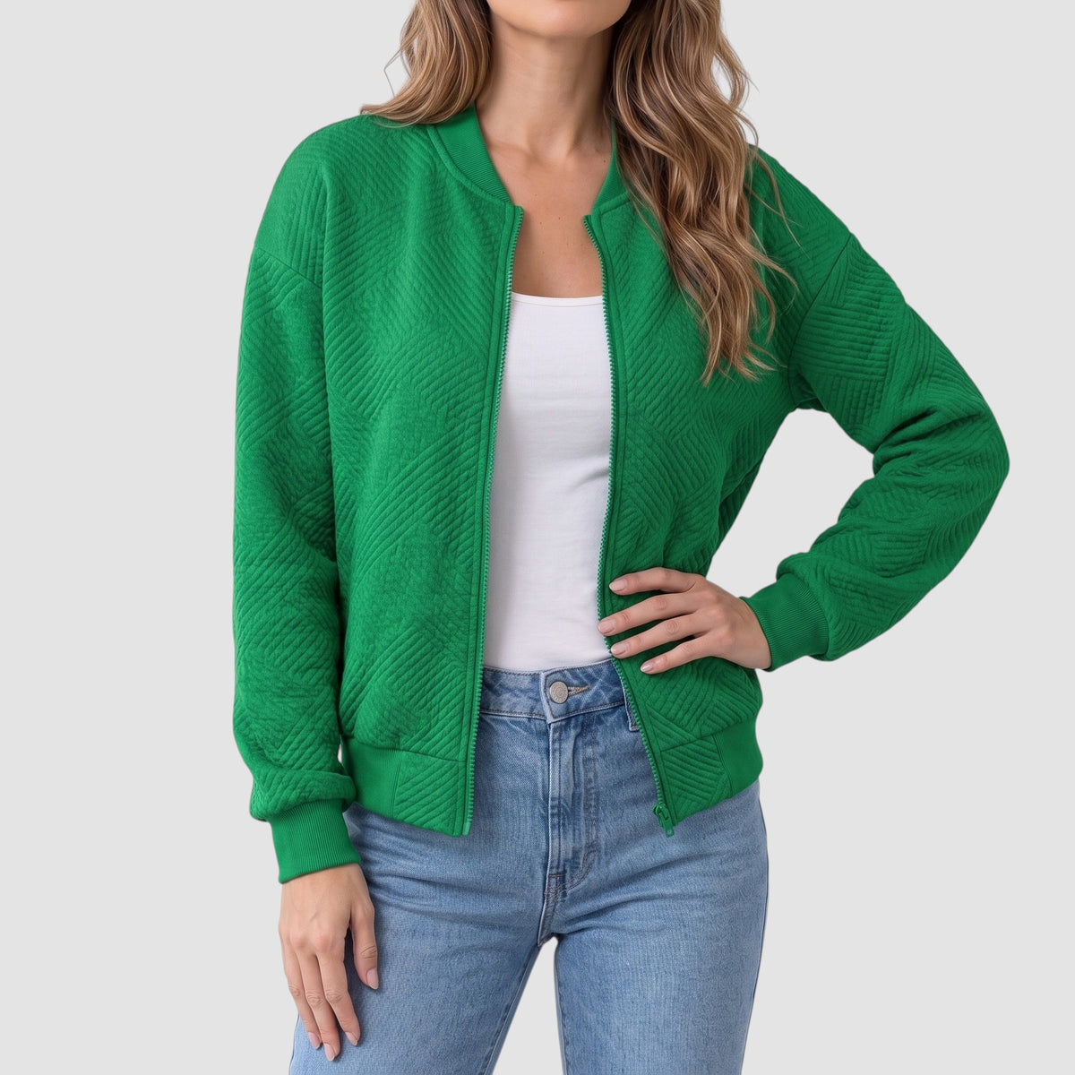 Women’s Textured Knit Bomber Jacket – Zip-Up Casual Outerwear