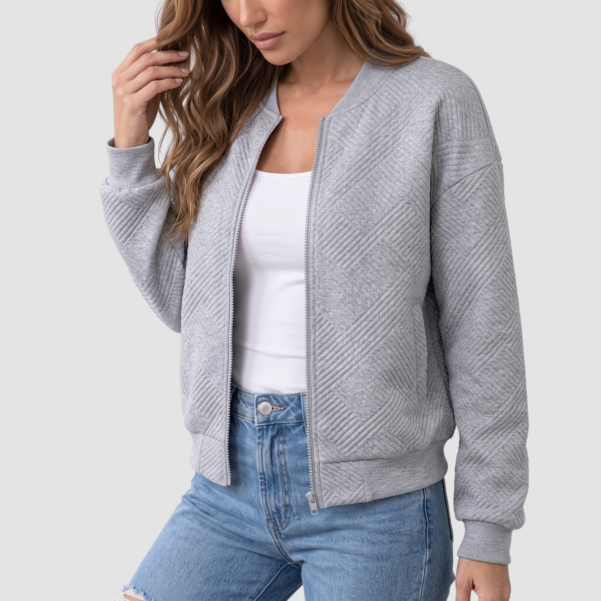 Women’s Textured Knit Bomber Jacket – Zip-Up Casual Outerwear