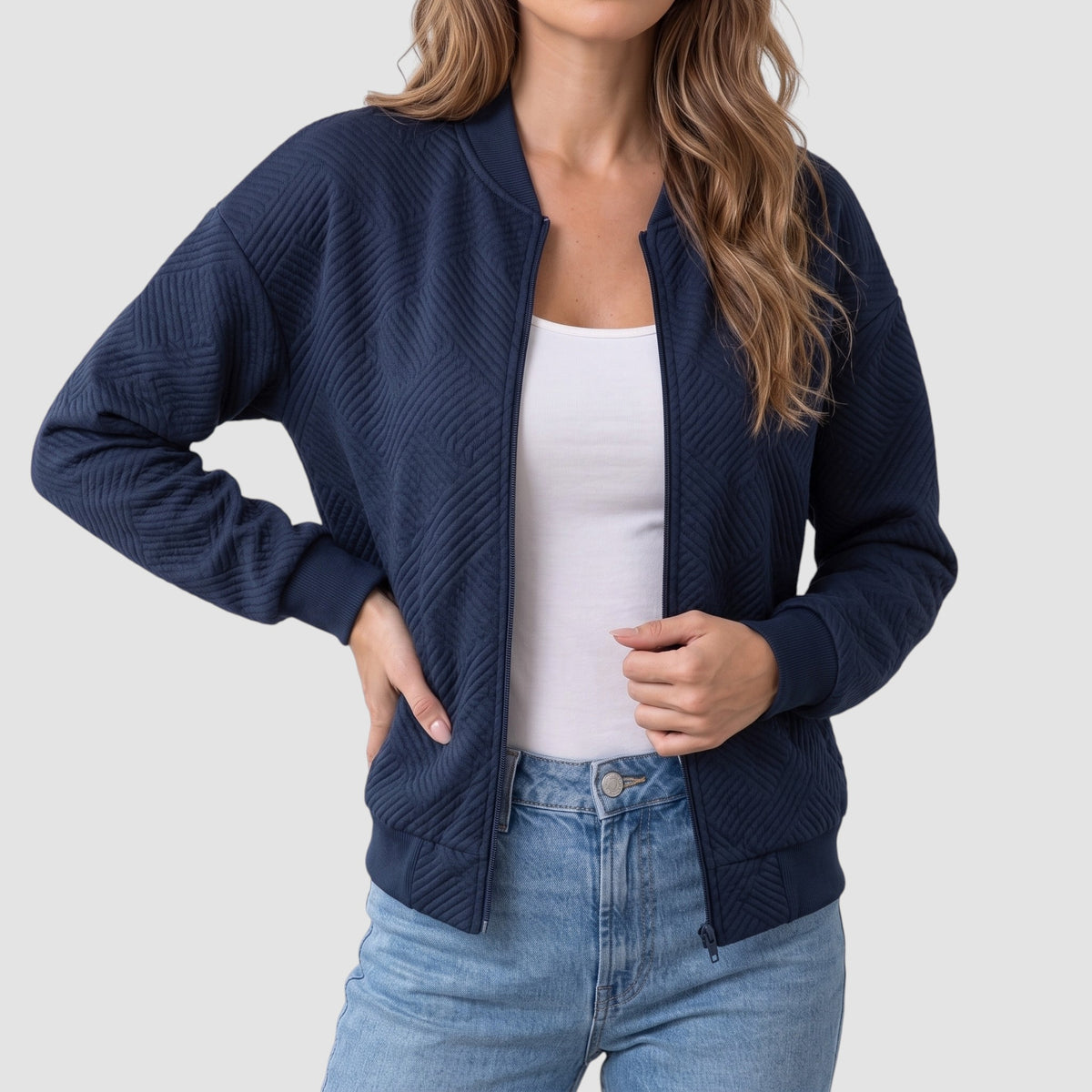 Women’s Textured Knit Bomber Jacket – Zip-Up Casual Outerwear