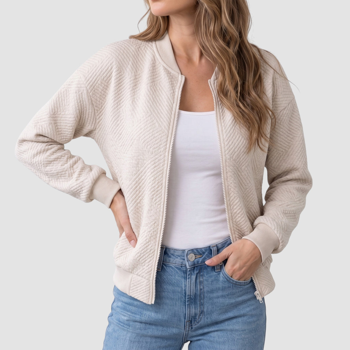 Women’s Textured Knit Bomber Jacket – Zip-Up Casual Outerwear