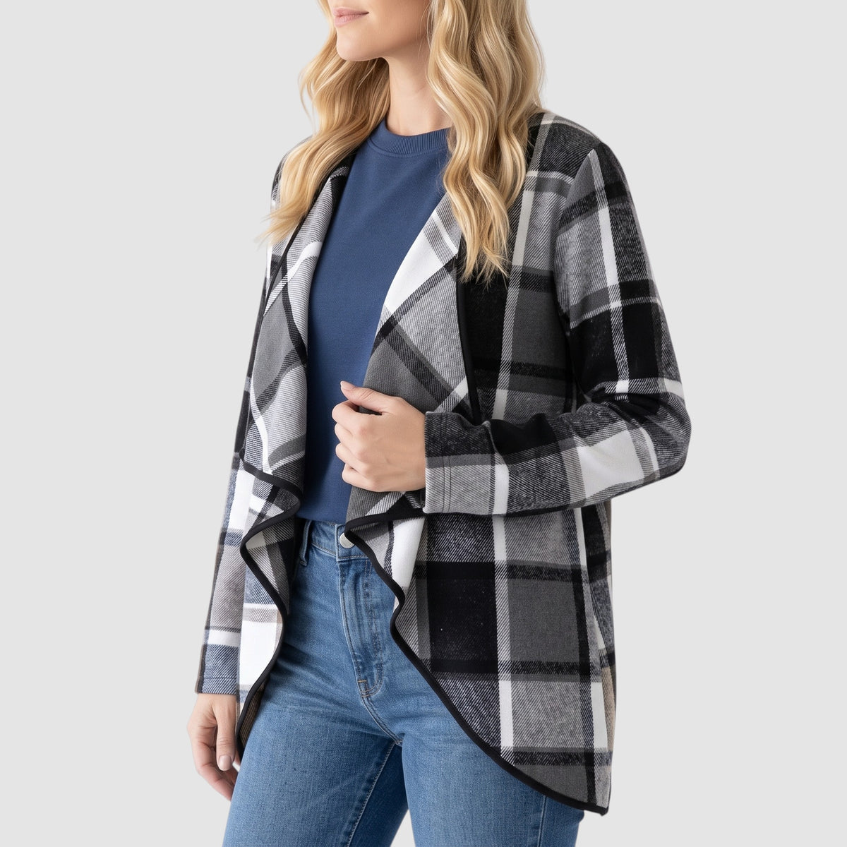 Women’s Plaid Open-Front Cardigan – Draped Waterfall Knit Jacket