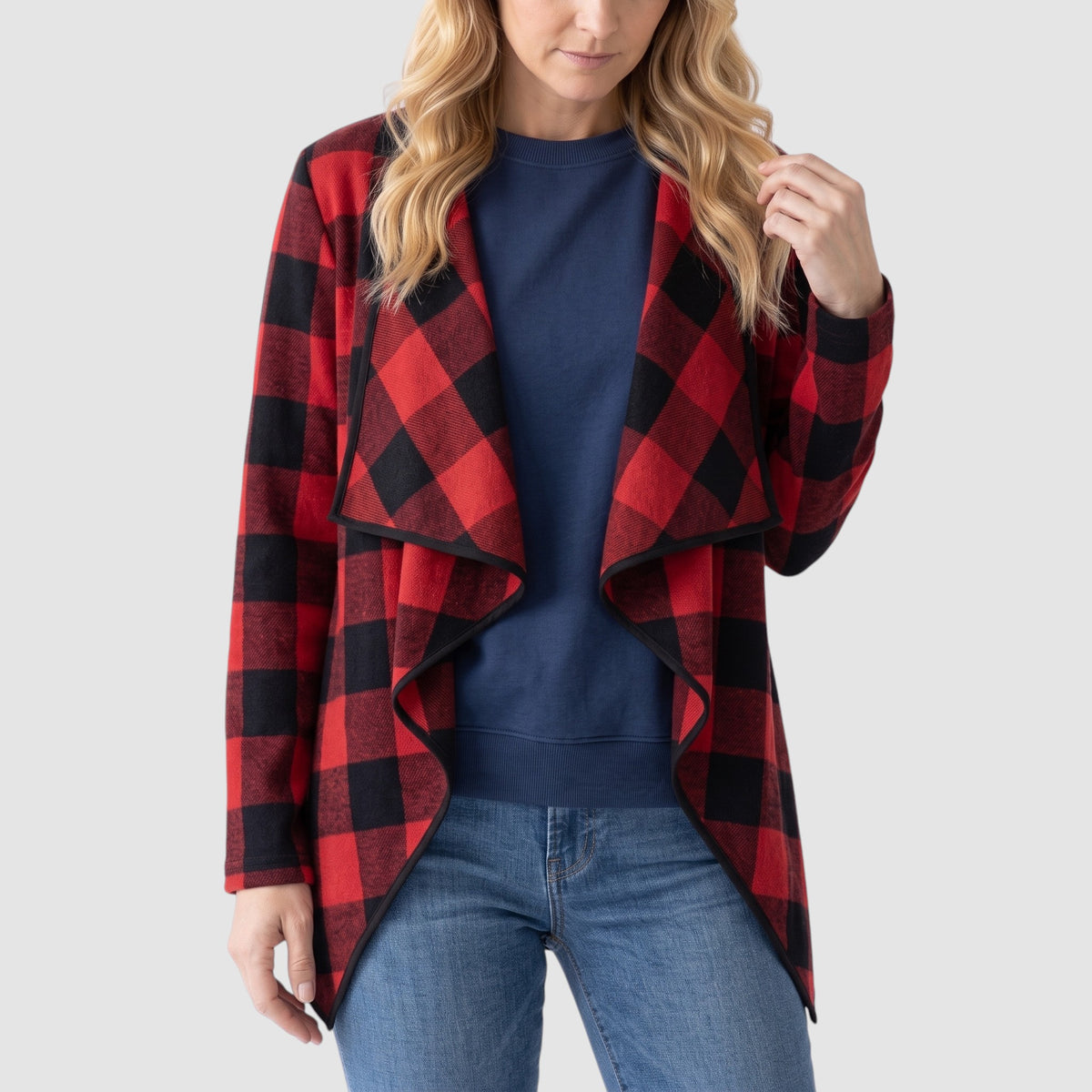 Women’s Plaid Open-Front Cardigan – Draped Waterfall Knit Jacket