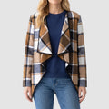 Women’s Plaid Open-Front Cardigan – Draped Waterfall Knit Jacket