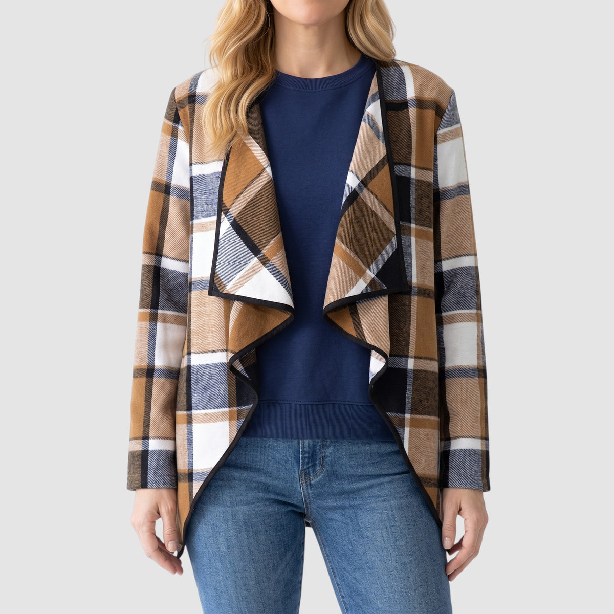 Women’s Plaid Open-Front Cardigan – Draped Waterfall Knit Jacket